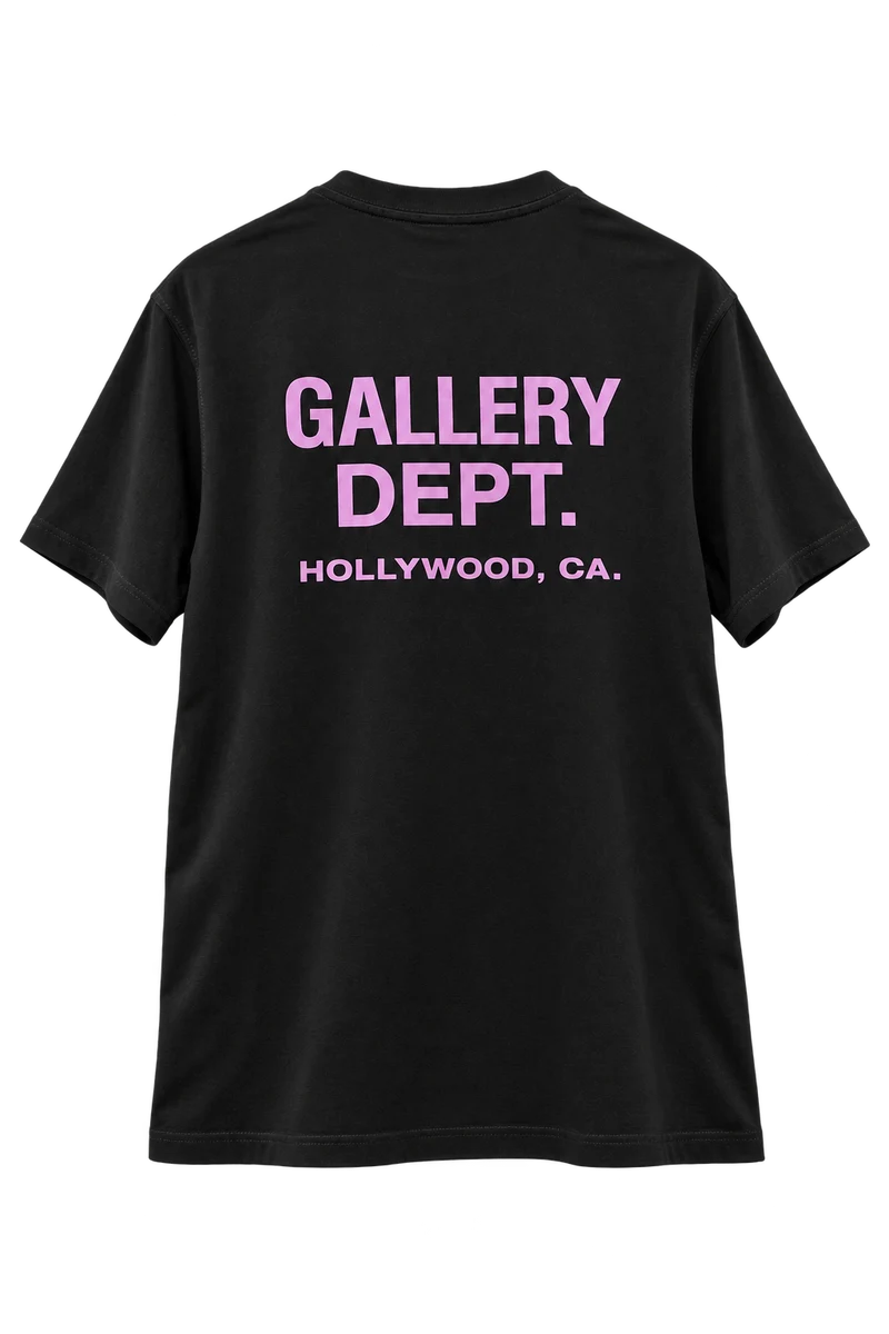 Back of black gallery dept pink t-shirt