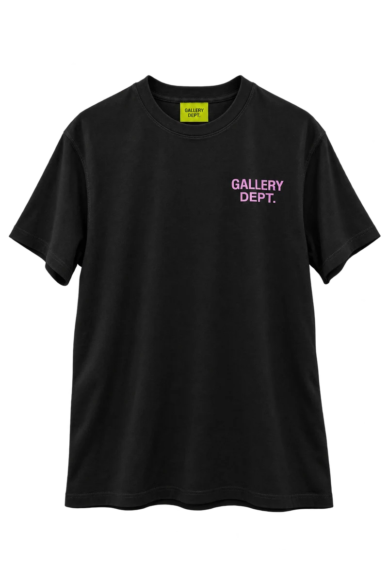 Front of black gallery dept pink t-shirt